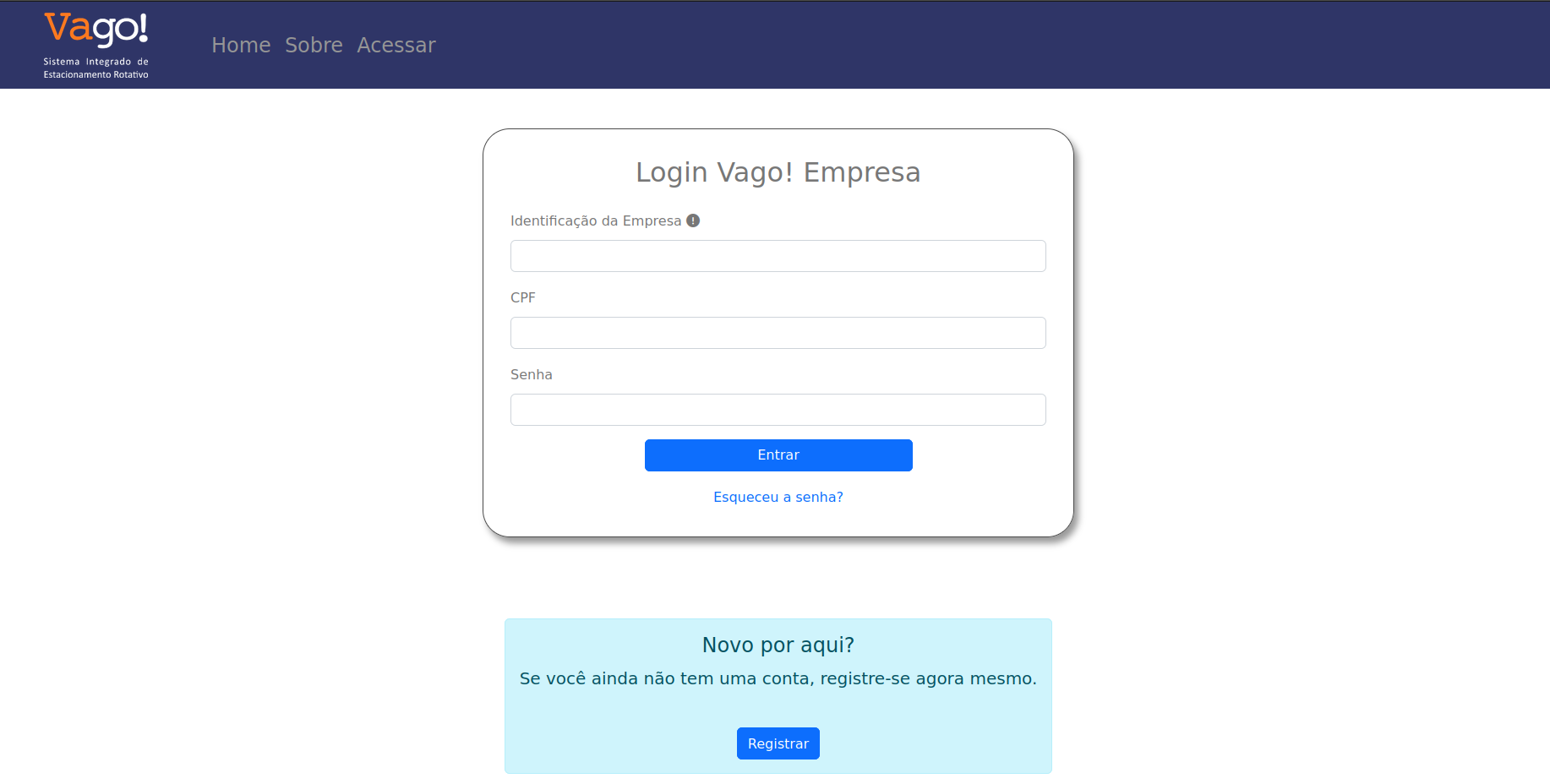 Imagem da página login do Vago! Empresa